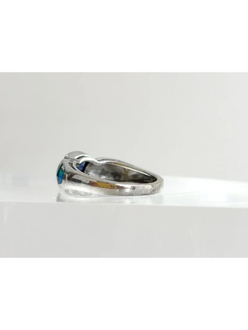 Tanzanite & Opal Framed Gemstone Sterling Silver 925 Vintage Ring - sz 7.25